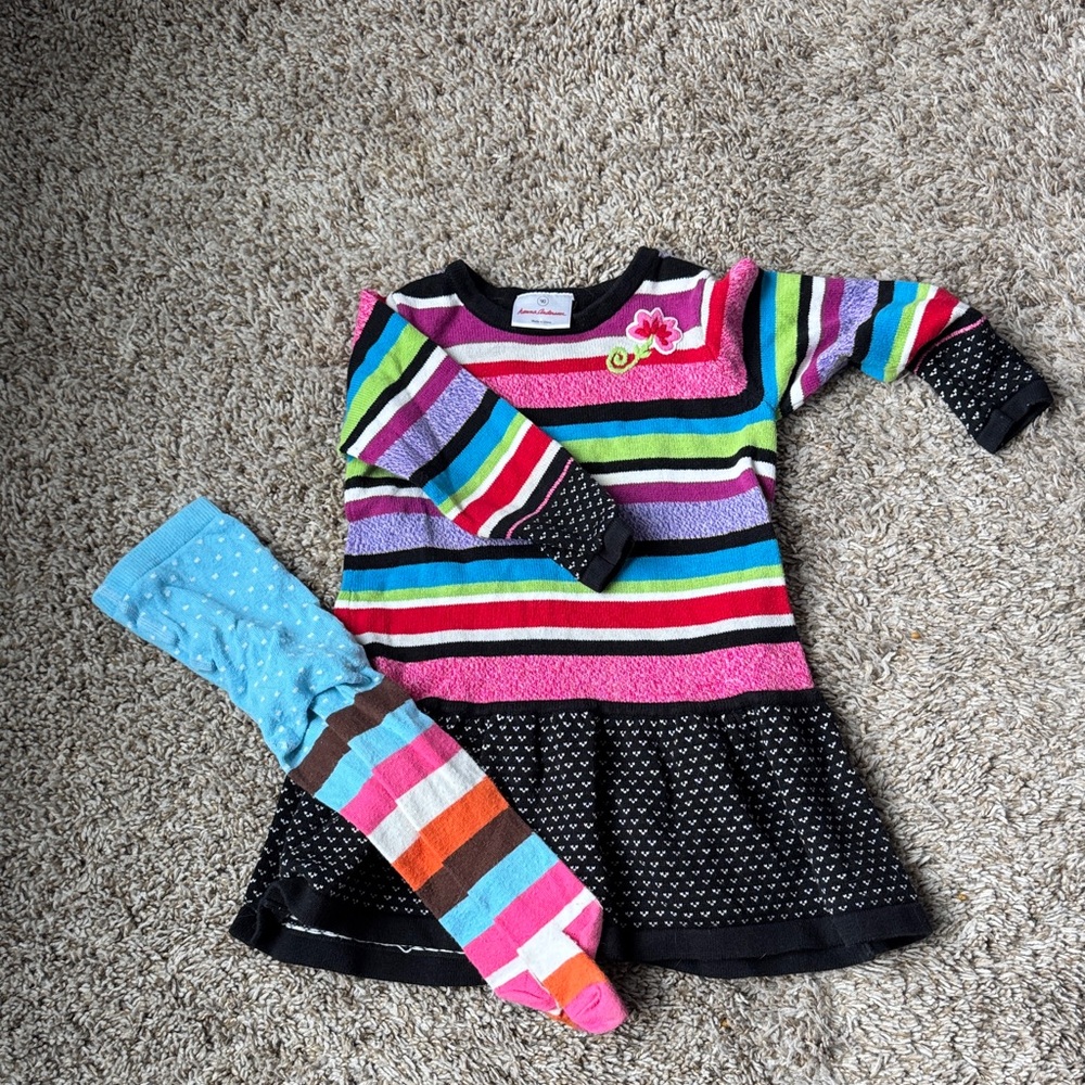 Hanna Andersson Colorful Striped Knit Dress with Tights